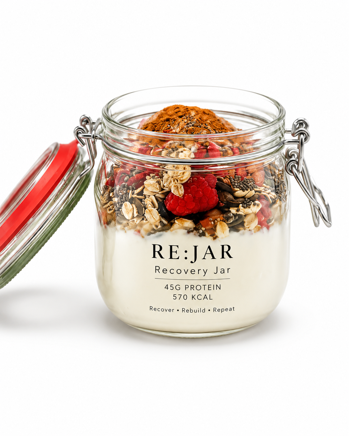 RE:JAR Recovery Jar — gelaagde Griekse yoghurt, bessen, havermout en zaden in een herbruikbare glazen beugelpot van 650 ml