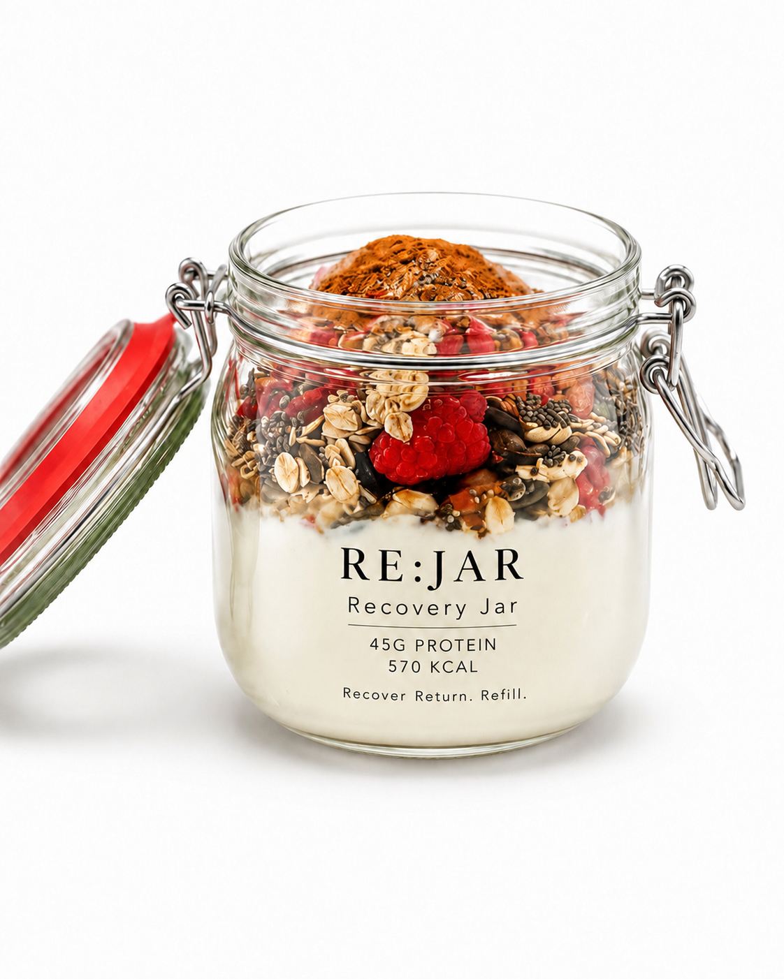 RE:JAR Recovery Jar — gelaagde Griekse yoghurt, bessen, havermout en zaden in een herbruikbare glazen beugelpot van 650 ml